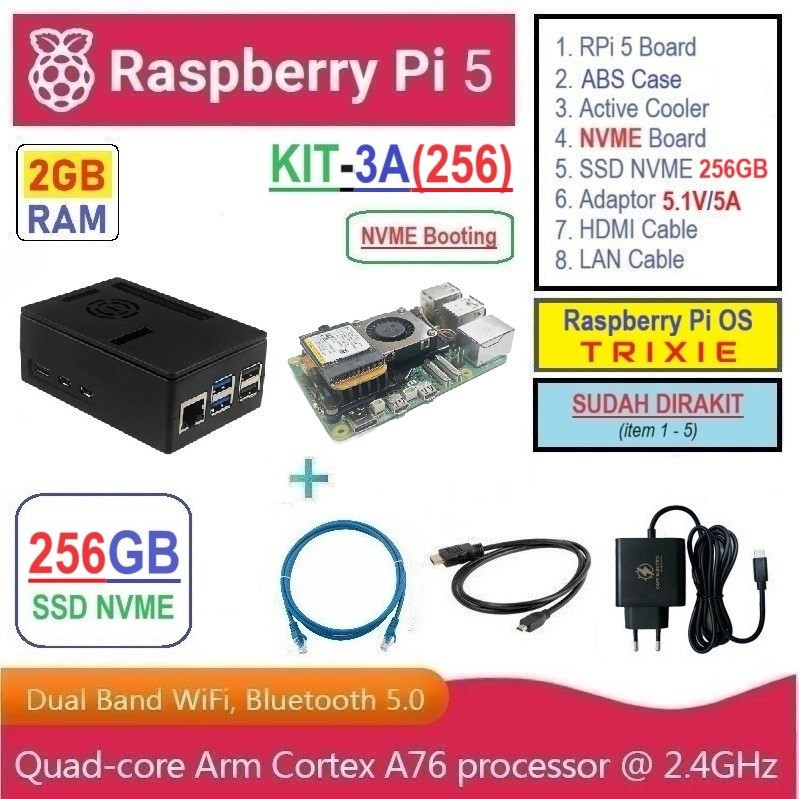 KIT-3A(256)  Raspberry Pi 5 (2GB RAM) KIT NVME SSD 256GB - Complete SET SIAP PAKAI